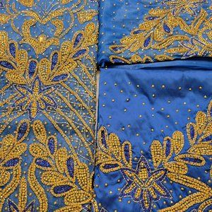 Royal Blue Net & Taffeta George Wrapper with Gold Rhinestone 3 Piece, 6 Yards
